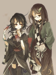 Rule 34 | 2girls, animal, black hair, bow, brown eyes, brown hair, checkered clothes, checkered scarf, dress, futatsuiwa mamizou, futatsuiwa mamizou (human), glasses, hands in pockets, hisona (suaritesumi), houjuu nue, japanese clothes, leaf, leaf on head, long hair, long sleeves, looking at another, multiple girls, obi, one eye closed, open mouth, pants, pom pom (clothes), red eyes, sash, scarf, short hair, simple background, smile, snake, thighhighs, touhou, vest, wide sleeves, wings, wrist cuffs, zettai ryouiki