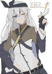 Rule 34 | 1girl, absurdres, bandaid, bandaid on cheek, bandaid on face, belt, black belt, black gloves, black jacket, blue eyes, chest harness, closed mouth, e sky rugo, fingerless gloves, fingernails, girls&#039; frontline, gloves, grey hair, grey pants, hand on own hip, hand up, harness, headband, highres, jacket, long hair, long sleeves, looking at viewer, lowleg, off shoulder, one eye closed, open clothes, open jacket, pants, simple background, solo, white background, xm3 (girls&#039; frontline)