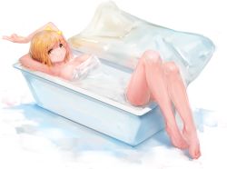 Rule 34 | 10s, 1girl, absurdres, armpits, arms behind head, arms up, barefoot, bath, bathing, bathtub, blush, breasts, brown eyes, brown hair, commentary, completely nude, feet, hair ribbon, highres, kisei2, kunikida hanamaru, long hair, looking at viewer, love live!, love live! sunshine!!, nude, open mouth, partially submerged, ribbon, smile, solo, towel, v, water, wet