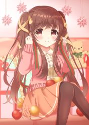 Rule 34 | 1girl, arms up, bad id, bad pixiv id, blouse, blush, box, brown eyes, brown hair, brown pantyhose, cardigan, christmas ornaments, commentary request, couch, drop shadow, feet out of frame, gift, gift box, hair ribbon, highres, holding, holding ribbon, knees together feet apart, legs together, long hair, long sleeves, looking at viewer, nekomaccha, on couch, open cardigan, open clothes, orange shirt, original, pantyhose, pillow, pink cardigan, ribbon, shirt, sitting, smile, snowflake ornament, solo, striped ribbon, stuffed animal, stuffed toy, teddy bear, two side up, very long hair, white shirt