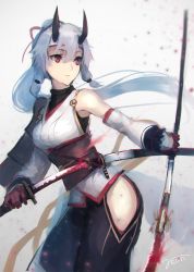Rule 34 | 1girl, bare shoulders, black skirt, breasts, closed mouth, dual wielding, fate/grand order, fate (series), gloves, highres, holding, holding sword, holding weapon, horns, katana, long hair, long sleeves, medium breasts, obi, ponytail, rean (r ean), red eyes, red gloves, sash, scabbard, sheath, side slit, signature, silver hair, skirt, solo, standing, sword, tomoe gozen (fate), weapon
