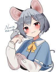 Rule 34 | 1girl, :3, animal ears, blue cape, cape, character name, grey hair, highres, kashiwa kona, long sleeves, looking at viewer, mouse (animal), mouse ears, mouse girl, nazrin, red eyes, shirt, smile, solo, touhou, white background, white shirt