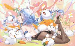 Rule 34 | &gt; &lt;, 1girl, :d, ;d, animal ear fluff, animal ears, ass, back, backless leotard, black leotard, blue hair, blush, braid, brown pantyhose, carrot, detached sleeves, extra ears, feet, from side, full body, hikosan, hololive, leotard, lying, no shoes, on stomach, one eye closed, open mouth, pantyhose, pekomon (usada pekora), puffy short sleeves, puffy sleeves, rabbit ears, rabbit girl, rabbit tail, red eyes, short eyebrows, short sleeves, smile, solo, tail, the pose, thick eyebrows, twin braids, twintails, usada pekora, virtual youtuber, white hair