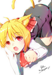 Rule 34 | 1girl, animal ears, ascot, blonde hair, cat ears, cat tail, hair ornament, hair ribbon, highres, kemonomimi mode, kneeling, long sleeves, looking at viewer, mayonaka taruho, open mouth, paw pose, red eyes, ribbon, rumia, shirt, short hair, simple background, skirt, skirt set, solo, tail, touhou, twitter username, vest, white background