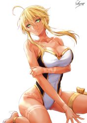 Rule 34 | 1girl, ahoge, artoria pendragon (fate), artoria pendragon (lancer) (fate), bare shoulders, bikini tan, braid, breasts, cleavage, closed mouth, commentary request, covered navel, eyelashes, fate/grand order, fate (series), french braid, green eyes, hair between eyes, high heels, highres, hip focus, large breasts, long hair, looking at viewer, nail polish, one-piece swimsuit, sakiyamama, sandals, sidelocks, simple background, sitting, smile, solo, swept bangs, swimsuit, tan, tanline, thigh strap, thighs, two-tone swimsuit, wariza, white background, white one-piece swimsuit