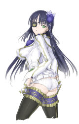 Rule 34 | 1girl, ass, bad id, bad pixiv id, black hair, black thighhighs, boots, breasts, clothes lift, cowboy shot, cropped legs, eyepatch, green eyes, highres, impossible clothes, large breasts, long hair, nagisa (psp2i), nakabayashi reimei, panties, phantasy star, phantasy star portable 2, phantasy star portable 2 infinity, simple background, skirt, skirt lift, solo, thigh boots, thighhighs, underwear, uniform, upskirt, white background, white panties