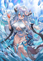 Rule 34 | 1girl, bare shoulders, blue sky, blush, breasts, cleavage, collarbone, cup, day, draph, drinking glass, fengyin shici guozi, granblue fantasy, hair between eyes, highres, horns, ice, izmir, izmir (summer) (granblue fantasy), large breasts, long hair, looking at viewer, mole, mole under mouth, navel, one-piece swimsuit, open mouth, pointy ears, ponytail, red eyes, shawl, silver hair, sky, smile, swimsuit, underboob, very long hair, water, white one-piece swimsuit