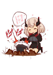 Rule 34 | 1boy, 1girl, :d, ^ ^, absurdres, azur lane, black footwear, black gloves, black hair, black jacket, black shirt, black skirt, blonde hair, blush, boots, breasts, buried, chibi, closed eyes, collared shirt, commander (azur lane), commentary request, cross, daigorou (42036928), dirt, full body, gloves, hair between eyes, hand on own cheek, hand on own face, hat, headgear, headpat, heart, highres, iron cross, jacket, kneeling, large breasts, long sleeves, looking at another, military hat, multicolored hair, open mouth, peaked cap, red hair, roon (azur lane), shirt, short hair, sidelocks, simple background, skirt, smile, solo focus, speech bubble, streaked hair, thigh boots, thighhighs, translation request, white background, white headwear