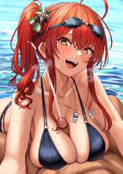 Rule 34 | 1boy, 1girl, absurdres, ahoge, azur lane, bikini, black bikini, blush, breasts, brown eyes, censored, check commentary, cleavage, collarbone, commander (azur lane), commentary request, covered erect nipples, cum, ejaculation, goggles, goggles on head, hair between eyes, hair ornament, handsfree paizuri, head tilt, heavy breathing, hetero, highres, large breasts, leaning forward, long hair, looking at viewer, momo no sukebe, mosaic censoring, o-ring, o-ring bikini, open mouth, paizuri, paizuri under clothes, penis, pov, red hair, side ponytail, sidelocks, smile, solo focus, swimsuit, tongue, tongue out, wet, whistle, whistle around neck, zara (azur lane), zara (poolside coincidence) (azur lane)