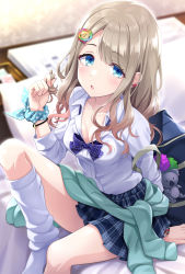 Rule 34 | 1girl, bag, bag charm, bed, blue eyes, blue skirt, blurry, blurry background, bow, breasts, brown hair, charm (object), cleavage, collared shirt, commentary request, depth of field, dress shirt, feet out of frame, highres, idolmaster, idolmaster shiny colors, indoors, kneehighs, long hair, looking at viewer, loose socks, medium breasts, no shoes, on bed, parted lips, plaid, plaid bow, plaid skirt, pleated skirt, purple bow, school bag, school uniform, serizawa asahi, shirt, sitting, skirt, socks, solo, urabi (tomatohouse), white shirt, white socks