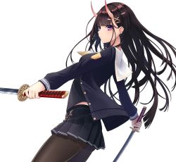 Rule 34 | 1girl, azur lane, black cardigan, black hair, black shirt, black skirt, blunt bangs, blush, brown pantyhose, cardigan, closed mouth, commentary request, dual wielding, earrings, foreshortening, from side, hair ornament, hairclip, highres, holding, holding sword, holding weapon, horns, jewelry, katana, long hair, long sleeves, looking at viewer, looking to the side, midriff peek, miniskirt, nameko houshi, noshiro (azur lane), open cardigan, open clothes, pantyhose, pleated skirt, purple eyes, sailor collar, shirt, simple background, skin-covered horns, skirt, solo, sword, unbuttoned, weapon, white background, white neckwear, white sailor collar, x hair ornament