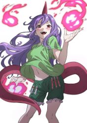 Rule 34 | 1girl, feet out of frame, fingernails, fire, green shirt, green shorts, gyouza (mhea5724), highres, horns, long hair, pink horns, purple hair, red eyes, shirt, short sleeves, shorts, simple background, single horn, solo, syringe, tail, tenkajin chiyari, test tube, touhou, white background