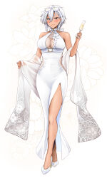 Rule 34 | 1girl, absurdres, alternate costume, breasts, brown eyes, closed mouth, commentary request, cup, dangle earrings, dark-skinned female, dark skin, dress, earrings, eyewear on head, floral background, full body, grey hair, hair between eyes, halterneck, hands up, high heels, highres, holding, holding cup, jewelry, kantai collection, lace trim, large breasts, looking at viewer, musashi (kancolle), shawl, side slit, simple background, sleeveless, sleeveless dress, smile, solo, white dress, white footwear, white nails, yunamaro