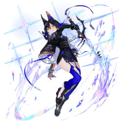 Rule 34 | 1girl, animal ears, black corset, black dress, black gloves, black hair, black jacket, blue garter straps, blue hair, blue ribbon, blue thighhighs, boots, breasts, corset, cross-laced footwear, dress, echocalypse, full body, garter straps, gloves, hair between eyes, highres, holding, holding sword, holding weapon, jacket, kurain (echocalypse), medium breasts, multicolored footwear, multicolored hair, natsuiro xx, o-ring, official art, orange eyes, pouch, ribbon, short hair, solo, streaked hair, sword, thighhighs, weapon