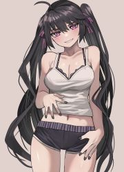Rule 34 | 1girl, ahoge, black bra, black hair, black nails, blush, borrowed character, bra, breasts, character request, cleavage, collarbone, contrapposto, copyright request, hand on own stomach, hand on thigh, heart, highres, jourd4n, lace, lace-trimmed bra, lace trim, large breasts, long hair, midriff, nail polish, navel, priite hari (torriet), purple eyes, purple ribbon, ribbon, shirt, short shorts, shorts, smile, solo, tank top, twintails, underwear, white shirt