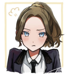 Rule 34 | 1girl, puff of air, annoyed, artist name, black necktie, blue eyes, blue jacket, blush, border, brown hair, closed mouth, collared shirt, commentary request, cropped torso, frown, hair ornament, hair scrunchie, high ponytail, honami hisame, jacket, looking at viewer, necktie, open clothes, open jacket, outside border, parted bangs, ponytail, school uniform, scrunchie, shirt, short hair, shoujo kageki revue starlight, simple background, solo, tareko, upper body, v-shaped eyebrows, white background, white shirt, yellow border, yellow scrunchie