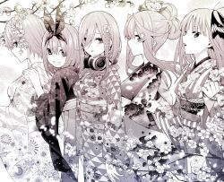 Rule 34 | 5girls, :d, :o, blunt bangs, blush, breasts, closed mouth, commentary request, flower, from side, go-toubun no hanayome, greyscale, hair between eyes, hair flower, hair ornament, hairband, hand on another&#039;s shoulder, haruba negi, headphones, headphones around neck, highres, holding, japanese clothes, kimono, long bangs, long hair, long sleeves, looking at viewer, looking to the side, monochrome, multiple girls, nakano ichika, nakano itsuki, nakano miku, nakano nino, nakano yotsuba, official art, open mouth, parted lips, sash, short hair, siblings, simple background, sisters, smile, standing, star (symbol), star hair ornament, wide sleeves, yukata