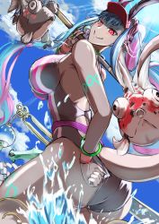 Rule 34 | 1girl, adjusting clothes, adjusting swimsuit, aqua hair, ass, black one-piece swimsuit, body markings, breasts, colored skin, dark-skinned female, dark skin, fate/grand order, fate (series), fish, goldfish, grey skin, hat, highleg, highleg swimsuit, highres, horns, ibuki douji (fate), ibuki douji (swimsuit berserker) (fate), ibuki douji (swimsuit berserker) (first ascension) (fate), inugami86, large breasts, looking at viewer, looking back, multicolored hair, one-piece swimsuit, oni, oni horns, pink hair, pink hat, pink one-piece swimsuit, red eyes, smile, solo, swimsuit, two-tone hair, two-tone swimsuit, visor cap, whistle