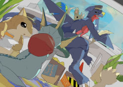 Rule 34 | apios, bag, berry (pokemon), black eyes, black headwear, black sclera, blank eyes, blue sky, blush stickers, book, box, claws, clothed pokemon, cloud, colored sclera, creatures (company), crossed legs, day, dragon, dutch angle, from behind, game freak, garchomp, gen 1 pokemon, gen 4 pokemon, gen 5 pokemon, globe, hands up, hat, highres, holding, indoors, leafeon, looking down, minccino, nintendo, no humans, open mouth, paper, pokemon, pokemon (creature), reading, sandshrew, sharp teeth, sitrus berry, sitting, sky, spikes, stool, table, teeth, vaporeon, window, yellow eyes