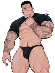 Rule 34 | 1boy, abs, arm tattoo, bara, bare pectorals, black hair, black male underwear, black shirt, briefs, bulge, check copyright, clothes lift, copyright request, dopey (dopq), feet out of frame, from below, highres, large pectorals, lifting own clothes, long sideburns, looking at viewer, male focus, male underwear, mature male, muscular, muscular male, navel, navel hair, nipples, no pants, original, pectorals, shirt, shirt lift, short hair, sideburns, solo, standing, stomach, tattoo, thick thighs, thighs, underwear