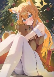 Rule 34 | 1girl, animal ear fluff, animal ears, blue archive, blue eyes, blush, box, christmas, christmas ornaments, christmas tree, closed mouth, flower, gift, gift box, hair flower, hair ornament, highres, long hair, looking at viewer, mari (blue archive), orange hair, pantyhose, santa costume, smile, solo, stuffed animal, stuffed toy, teddy bear, white flower, white pantyhose, yampa