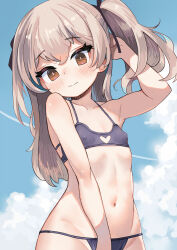 Rule 34 | 1girl, absurdres, bikini, black ribbon, blue bikini, blue sky, breasts, brown eyes, closed mouth, cloud, cloudy sky, contrail, covered erect nipples, day, frown, girls und panzer, groin, hair ribbon, halterneck, hand in own hair, head tilt, highres, light brown hair, long hair, looking at viewer, monomono, navel, one side up, outdoors, ribbon, shimada arisu, sky, small breasts, solo, standing, string bikini, swimsuit
