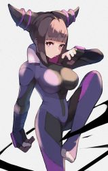 Rule 34 | 1girl, bandaged arm, bandages, biker clothes, bikesuit, black bodysuit, black gloves, black hair, blunt bangs, bodysuit, breasts, cowboy shot, drill hair, fighting stance, fingerless gloves, gloves, hair horns, han juri, highres, impossible clothes, kazamillust, parted lips, popped collar, pouty lips, purple eyes, short hair, simple background, solo, standing, standing on one leg, stirrup legwear, street fighter, street fighter v, toeless legwear, twin drills, white background