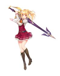 Rule 34 | 1girl, armband, blonde hair, boots, braid, cross-laced footwear, french braid, full body, highres, holding, holding weapon, huge weapon, lace-up boots, long hair, long sleeves, looking at viewer, official art, omega labyrinth, pleated skirt, red eyes, shirogane mirei, simple background, skirt, smile, solo, tousaki umiko, underbust, weapon, white background