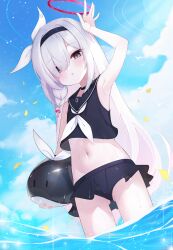 Rule 34 | 1girl, 2drr, adapted costume, arm up, armpits, bikini, bikini skirt, black bikini, black choker, black eyes, black hairband, black sailor collar, blue archive, blue sky, blush, braid, choker, cloud, colored inner hair, commentary, cowboy shot, day, dutch angle, frilled bikini, frills, gluteal fold, hair over one eye, hair ribbon, hairband, halo, highres, holding, inflatable toy, inflatable whale, long hair, looking at viewer, multicolored hair, navel, neckerchief, ocean, outdoors, parted lips, pink hair, plana (blue archive), red halo, red pupils, revision, ribbon, sailor bikini, sailor collar, side braid, single braid, sky, solo, stomach, swimsuit, two-tone hair, very long hair, wading, water, white hair, white neckerchief, white ribbon