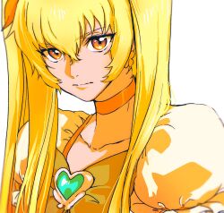 Rule 34 | 1girl, blonde hair, bow, brooch, choker, closed mouth, collarbone, cure sunshine, hair between eyes, hanabusazmb, heart, heart brooch, heartcatch precure!, highres, jewelry, long hair, looking at viewer, magical girl, myoudouin itsuki, orange bow, orange choker, precure, puffy short sleeves, puffy sleeves, ribbon, short sleeves, simple background, twintails, upper body, white background, yellow eyes