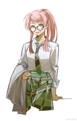Rule 34 | 1girl, absurdres, bang dream!, bang dream! it&#039;s mygo!!!!!, chihaya anon, chinese commentary, collared shirt, commentary request, fang, glasses, green necktie, green skirt, grey eyes, haneoka school uniform, highres, jacket, long hair, long sleeves, looking at viewer, necktie, open mouth, pink hair, ponytail, school uniform, shirt, simple background, skin fang, skirt, smile, solo, unworn jacket, weibo watermark, white background, white shirt, yui k (yuik48074789)