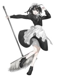 Rule 34 | 1girl, :d, ahoge, apron, black dress, black eyes, black footwear, black hair, bloomers, collared dress, dress, female focus, full body, high heels, highres, holding, holding mop, looking at viewer, maid, maid apron, maid headdress, mop, open mouth, original, shoes, simple background, smile, solo, underwear, white background, xxxsoiu1