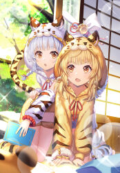 Rule 34 | 2girls, all fours, animal ears, bai (granblue fantasy), blonde hair, book, commentary, detached sleeves, diffraction spikes, ears through headwear, fang, granblue fantasy, grey hair, hair ornament, hair scrunchie, highres, holding, holding book, hood, hood up, huang (granblue fantasy), jiman, leaning on person, leg warmers, lens flare, looking at another, looking at viewer, medium hair, multiple girls, neck ribbon, open mouth, pajamas, ribbon, scrunchie, shouji, skin fang, sliding doors, symbol-only commentary, tail, tiger ears, tiger girl, tiger tail, translated, yellow eyes