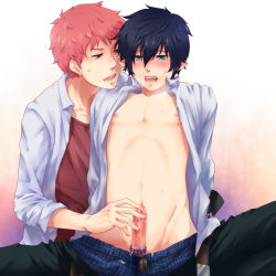 Rule 34 | 2boys, ao no exorcist, beads, blue eyes, erection, male focus, multiple boys, object insertion, okumura rin, open clothes, open shirt, penis, pink hair, pointy ears, shima renzou, shirt, sitting, tied penis, uncensored, undressing, urethral fingering, urethral insertion, yaoi