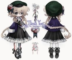 Rule 34 | 1girl, beetle, black dress, black footwear, blonde hair, blood, blood on book, book, braid, bug, character sheet, commission, dress, expressionless, flower, full body, green headwear, highres, holding, holding book, insect, long hair, meyou 0319, original, piano print, purple sleeves, rose, single braid, white background, white flower, white rose