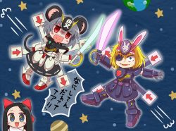 Rule 34 | 3girls, :3, alice margatroid, animal ears, black hair, blonde hair, blue eyes, blush, bow, commentary request, cookie (touhou), crossbone gundam, crossbone gundam x-1, crossbone gundam x-2, cutlass, enperuto (yarumi), eye reflection, eyepatch, facial mark, food, fruit, gaba physics, grey hair, gundam, hair bow, hairband, hakurei reimu, highres, holding, holding sword, holding weapon, ichigo (cookie), long hair, looking at another, looking at viewer, manatsu no yo no inmu, mouse ears, multiple girls, nazrin, nyon (cookie), open mouth, parody, red bow, red eyes, reflection, shiromiya rei, smile, source quote parody, space, speech bubble, strawberry, sword, touhou, translated, weapon, whisker markings