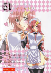 Rule 34 | 1girl, apron, blue eyes, bow, breasts, cover, cover page, gundam, gundam seed, gundam seed destiny, hair ornament, hairpin, heart, highres, lacus clyne, large breasts, long hair, looking at viewer, maid headdress, naked apron, no bra, no panties, pink hair, scan, sideboob, smile, solo, suzuki address, thighhighs, thighs, very long hair