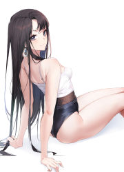 Rule 34 | 1girl, arm support, ass, bare arms, bare shoulders, black hair, black panties, breasts, camisole, closed mouth, commentary, earrings, emyo, from side, grey eyes, highres, jewelry, long hair, long legs, looking at viewer, looking to the side, original, panties, photoshop (medium), shirt, sidelocks, simple background, sitting, sleeveless, sleeveless shirt, small breasts, smile, solo, symbol-only commentary, underwear, very long hair, white background, white shirt
