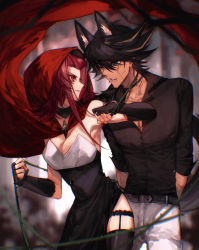 Rule 34 | 1boy, 1girl, absurdres, alternate costume, animal ear fluff, animal ears, arms behind back, belt, belt buckle, black dress, black gloves, black hair, black shirt, black thighhighs, blonde hair, blue eyes, blurry, blurry background, blurry foreground, breasts, buckle, cape, cleavage, dress, dress shirt, elbow gloves, eye contact, facial mark, fingerless gloves, fudo yusei, garter straps, gloves, hair intakes, highres, holding, hood, hood up, hooded, izayoi aki, long hair, looking at another, medium breasts, nail polish, naoki (2rzmcaizerails6), open mouth, pants, red cape, red eyes, red hair, red nails, shirt, short hair with long locks, side slit, sideboob, spiked hair, strapless, strapless dress, tail, thighhighs, white pants, wolf ears, wolf tail, yu-gi-oh!, yu-gi-oh! 5d&#039;s