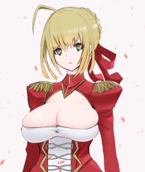 Rule 34 | 10s, 1girl, ahoge, amamiya (abaros), bad id, bad pixiv id, blonde hair, breasts, cleavage, fate/extra, fate/stay night, fate (series), female focus, green eyes, large breasts, looking at viewer, nero claudius (fate), nero claudius (fate), nero claudius (fate/extra), short hair, solo