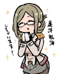 Rule 34 | 1girl, blush stickers, brown hair, buttons, closed eyes, collared shirt, commentary request, double-breasted, epaulettes, folded ponytail, glasses, gloves, jacket, kantai collection, katori (kancolle), long hair, lowres, military, military uniform, own hands together, pantyhose, parted bangs, shirt, simple background, skirt, smile, solo, sparkle, terrajin, translation request, uniform, white background, white gloves