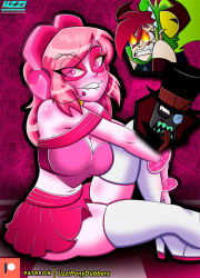 Rule 34 | 1girl, ass, ass focus, black hat (villainous), blush, breasts, choker, clothes, clothes lift, crossed arms, crossed legs, demencia, dress, gloves, headphones, heart, heart-shaped pupils, high heels, large breasts, legs, looking at viewer, miniskirt, miss heed, on floor, on ground, pink background, pink dress, pink eyes, pink hair, pink tank top, pleated skirt, sitting, skirt, skirt lift, smile, smiley face, symbol-shaped pupils, tank top, uzzi ponydubberx, villainous, white footwear