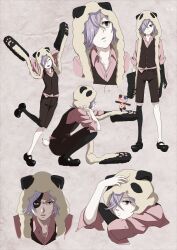 Rule 34 | 1boy, angry, animal hands, black footwear, black shorts, black vest, closed eyes, collarbone, colored sclera, colored skin, frfk, full body, hair over one eye, highres, inga, light frown, multicolored skin, open mouth, pale skin, panda tail, parted lips, pink shirt, purple eyes, purple hair, sasa kazamori, shirt, short hair, shorts, smile, squatting, standing, standing on one leg, stuffed animal, stuffed toy, teddy bear, teeth, un-go, upper teeth only, vest