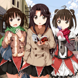 Rule 34 | 10s, 3girls, :o, antenna hair, applying makeup, bag, book, brown eyes, brown hair, coat, double-breasted, double bun, gloves, jintsuu (kancolle), kantai collection, long hair, manga (object), multiple girls, naka (kancolle), necktie, open mouth, personification, pleated skirt, ruu (tksymkw), scarf, school bag, sendai (kancolle), short hair, skirt, smile, tears, twintails, two side up, wavy mouth, white gloves, winter clothes, yawning