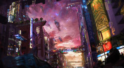 Rule 34 | cityscape, cyberpunk, no humans, scenery, science fiction, spacecraft, text focus, translation request, w-e-z
