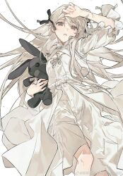 Rule 34 | 1girl, black ribbon, blush, brown eyes, chinese commentary, dress, hair ribbon, hair spread out, highres, holding, holding stuffed toy, kasugano sora, kouxiang77405, long hair, looking at viewer, parted lips, ribbon, simple background, solo, stuffed animal, stuffed rabbit, stuffed toy, weibo logo, weibo watermark, white background, white dress, white hair, yosuga no sora