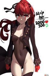 Rule 34 | 1girl, absurdres, black jacket, black leotard, bow, breasts, english text, gloves, hair ribbon, highres, jacket, leotard, like and retweet, long hair, long sleeves, looking at viewer, meme, persona, persona 5, persona 5 the royal, petite, ponytail, red eyes, red gloves, red hair, ribbon, simple background, skinny, small breasts, smile, solo, thighhighs, twitter strip game (meme), x xith x, yoshizawa kasumi