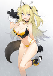 Rule 34 | 1girl, alternate costume, animal ear fluff, animal ears, animal hands, arm behind back, bell, black socks, black tank top, blonde hair, blue oath, blush, bra, breasts, cleavage, fake animal ears, fake tail, fur, gloves, grey eyes, hand up, long hair, looking at viewer, medium breasts, navel, neck bell, open mouth, panties, paw gloves, paw pose, saratoga (beware the wolf) (blue oath), saratoga (blue oath), simple background, smile, socks, solo, standing, standing on one leg, tail, tank top, unarrival cloud, underwear, yellow bra, yellow panties