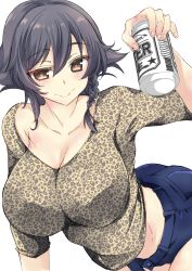 Rule 34 | 1girl, abenattou, alcohol, animal print, ass, beer, beer can, black hair, blush, braid, breasts, brown eyes, can, cleavage, closed mouth, drink can, eyebrows, girls und panzer, highres, huge breasts, large breasts, leaning forward, leopard print, looking at viewer, midriff, monochrome background, pepperoni (girls und panzer), short hair, short shorts, shorts, simple background, smile, solo, white background