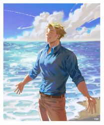 Rule 34 | 1boy, beach, belt, blonde hair, blue shirt, brown belt, closed eyes, cloud, collared shirt, commentary, grey pants, highres, jujutsu kaisen, male focus, nanami kento, ocean, outdoors, outstretched arms, pants, parted lips, sand, shirt, short hair, smile, solo, standing, teeth, todo269, upper teeth only